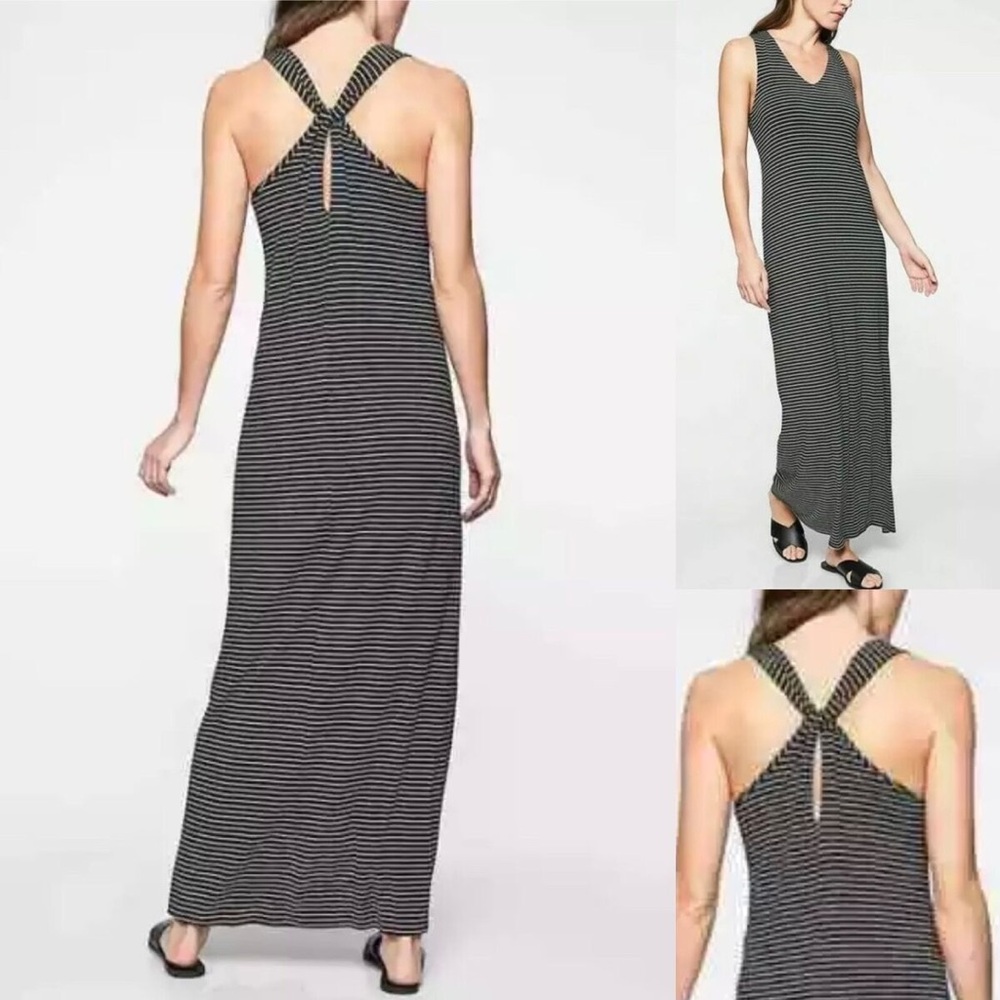 Athleta Women’s Black Striped Get Away Maxi Dress Cross Back Modal Blend, sz XS